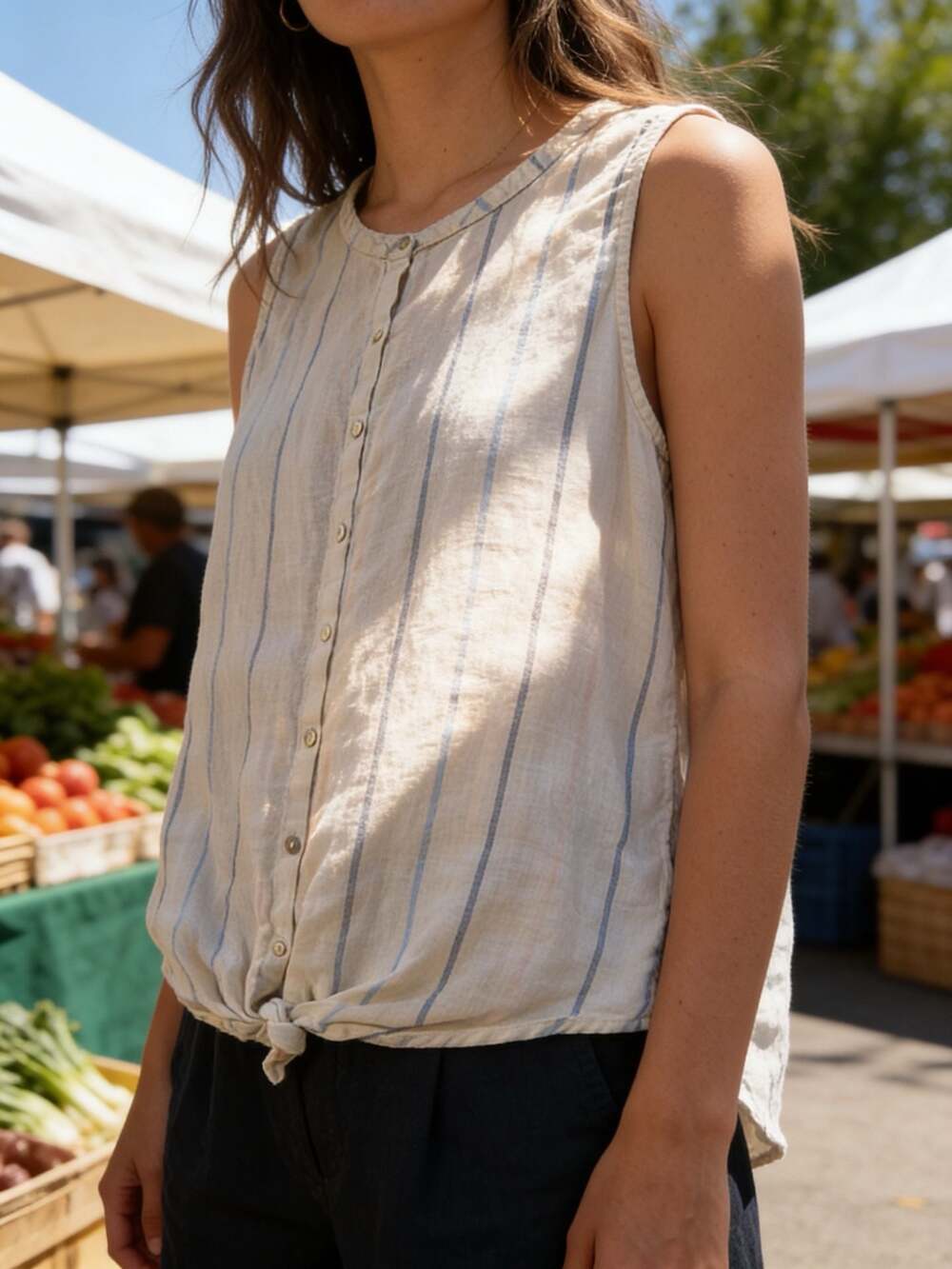C&C California Women's Size L Striped 100% Linen Sleeveless Tie-Front Tank Top
